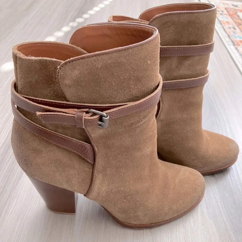 All Saints Victoria Brown Suede Ankle Boots 8.5 EU 39.5 Buckle Heel Distressed